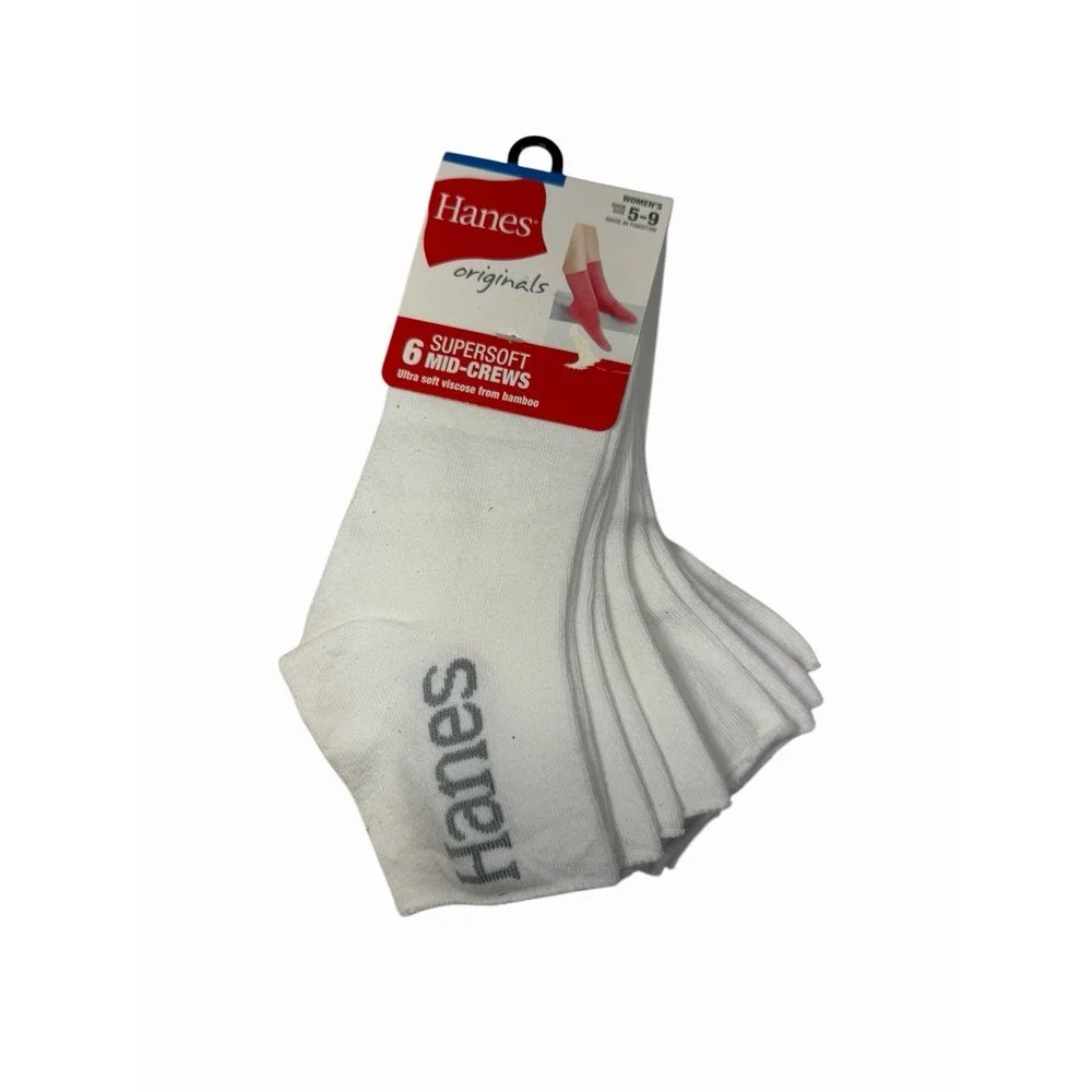 hanes 6 pairs womens super soft mid crew socks white size 5-9